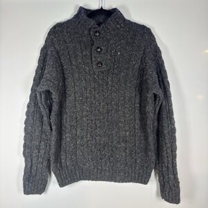 VTG LL Bean Fisherman Cable Knit Sweater Leather Buttons 100% Wool Ireland SZ S